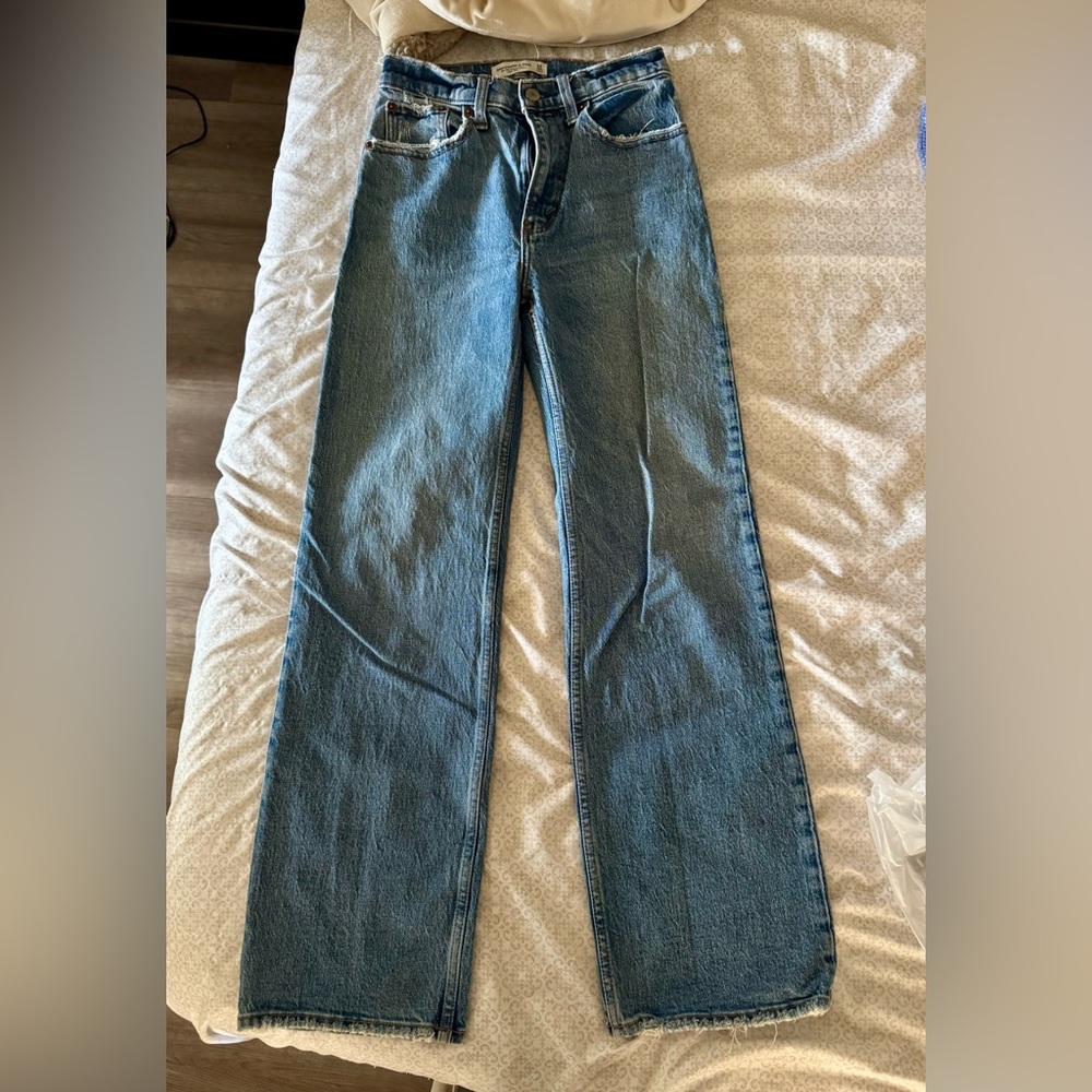 Size 24/00 distress straight leg/ high rise jeans in blue A&F